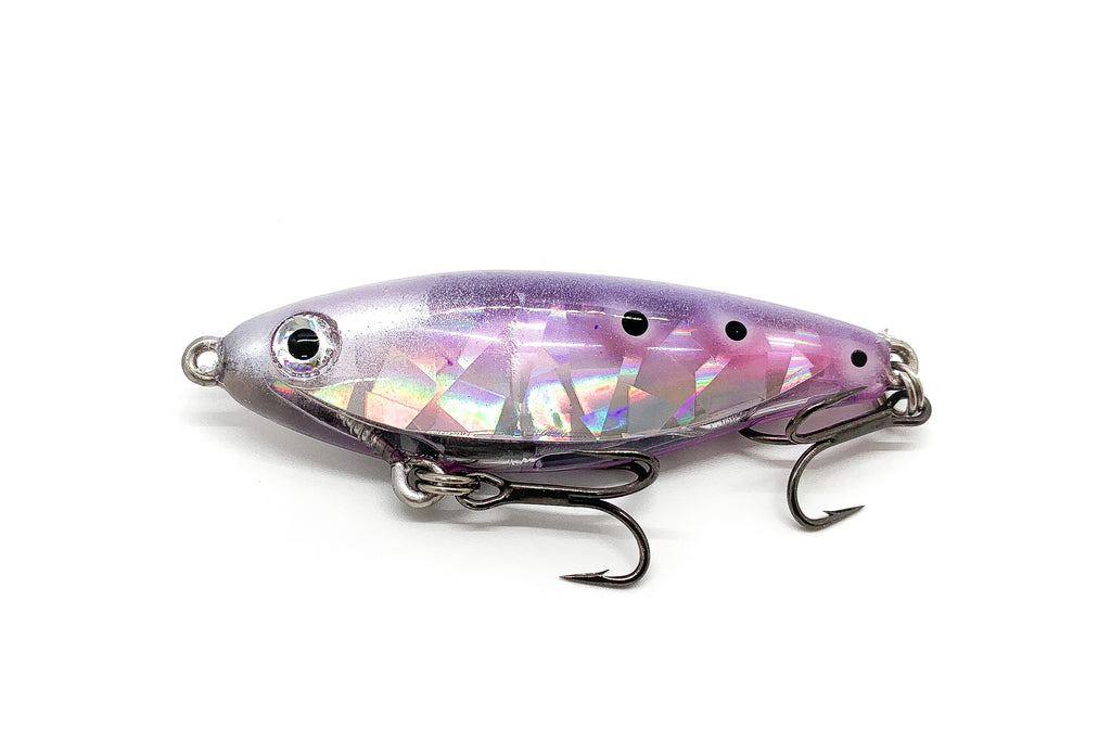 Mirrodine with silver head and back, pink and purple sides with clear body and black trout spots