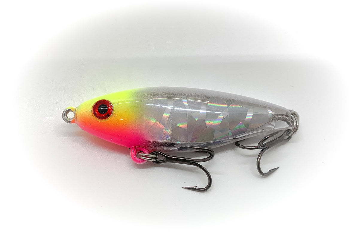 Mirrodine with chartreuse head, pink throat, pearl white back and clear body