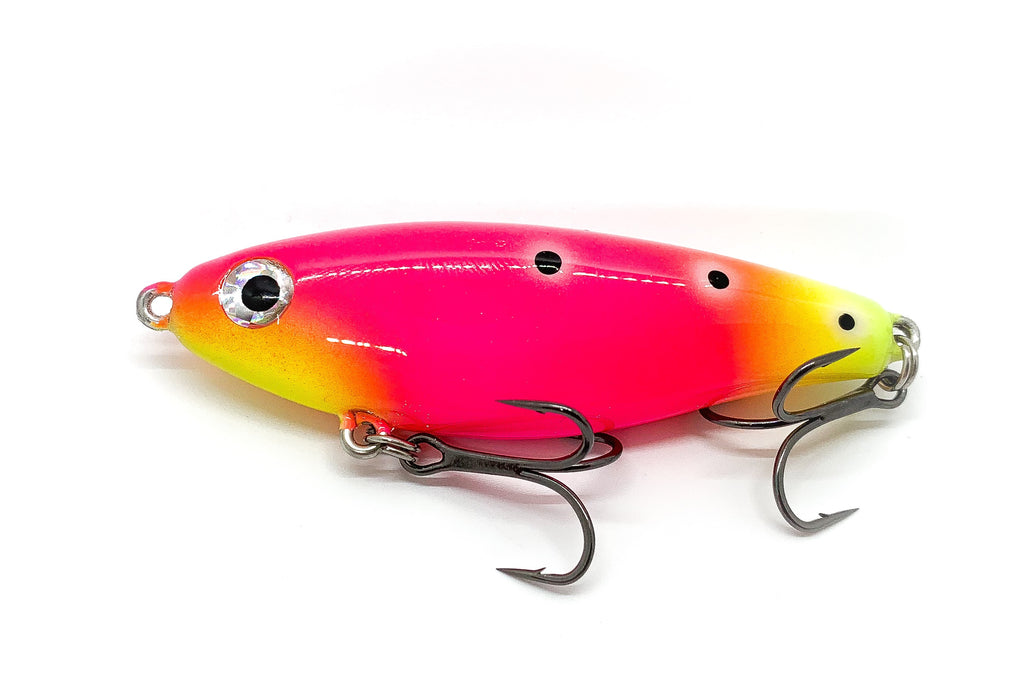 Mirrodine XL with hot pink body, chartreuse throat and tail with black trout spots