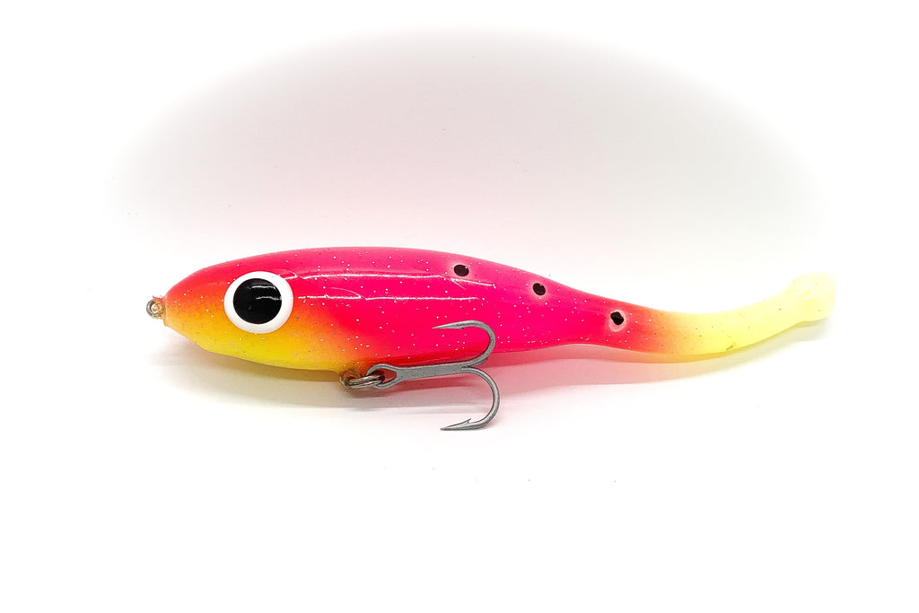 Corky devil with hot pink body, chartreuse throat and tail with black trout spots