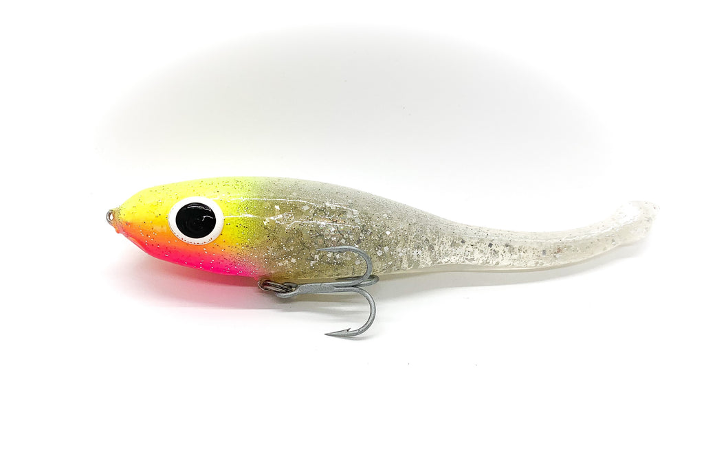 Corky Devil with chartreuse head, pink throat, pearl white back and clear body