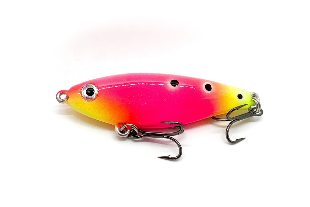Mirrodine with hot pink body, chartreuse throat and tail with black trout spots
