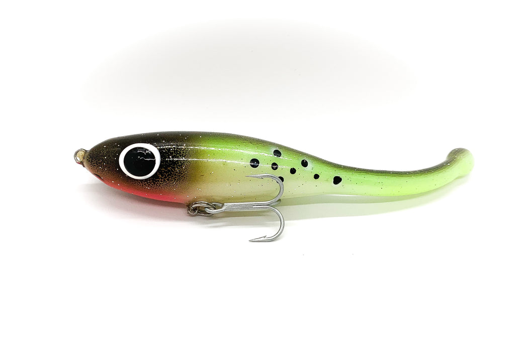 corky devil with dark green back and face, lime green sides, with belly, pink throat and chartreuse tai