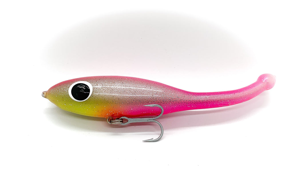 Corky devil with a silver body, pink back and belly with chartreuse throat