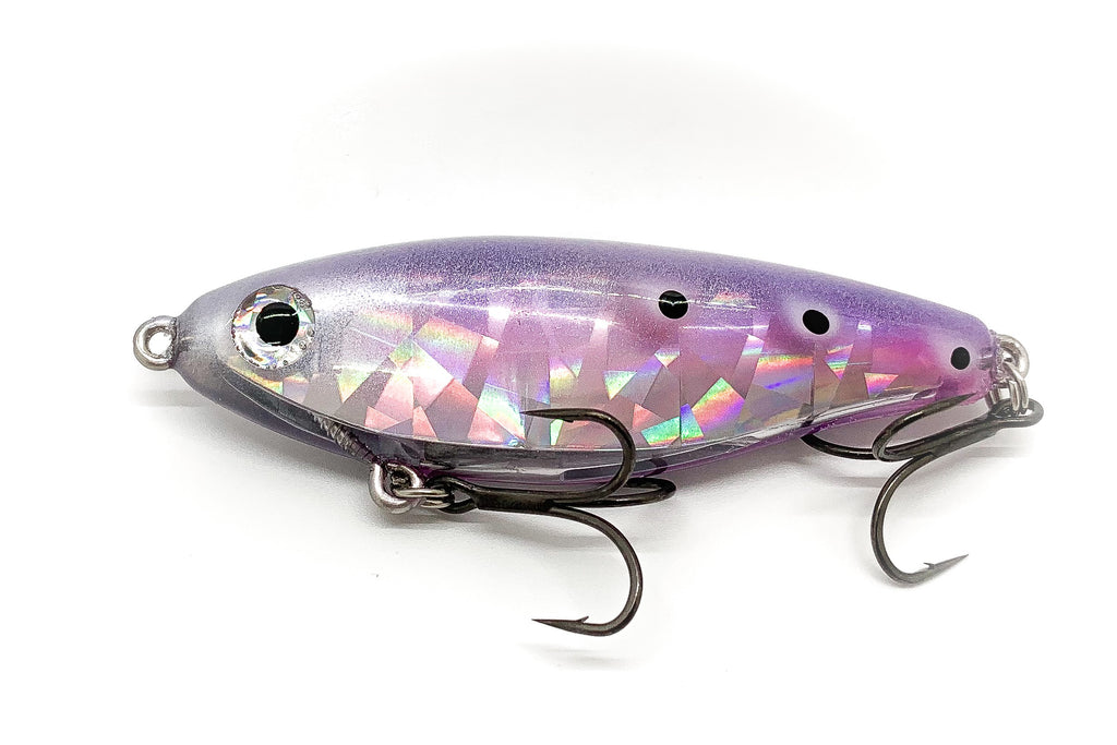 Mirrodine Xl with silver head and back, pink and purple sides with clear body and black trout spots